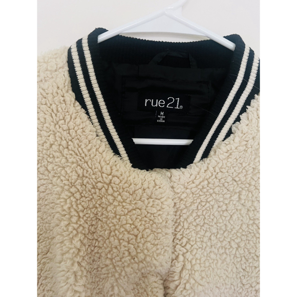 Rue 21 Bomber Jacket Womens Medium Black Cream Teddy Sherpa Fleece - Picture 2 of 5